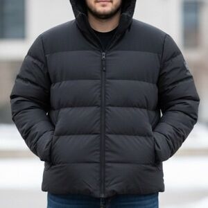 H&M Men’s 3XL Black Hooded Puffer Jacket Windproof Water Repellent EUC